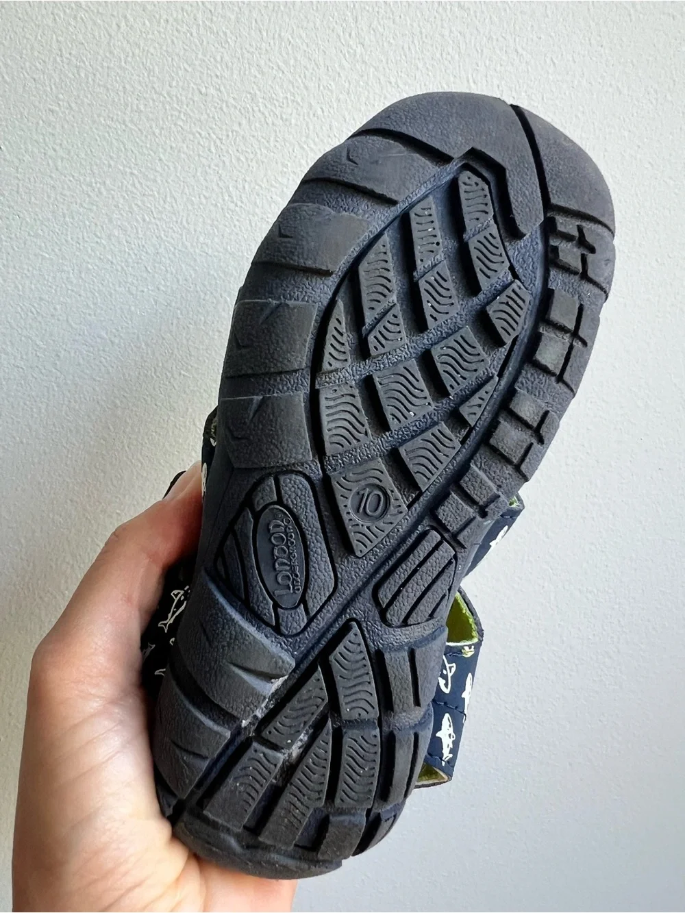 Kids Shark-Print Navy Sandals with Lime Accent